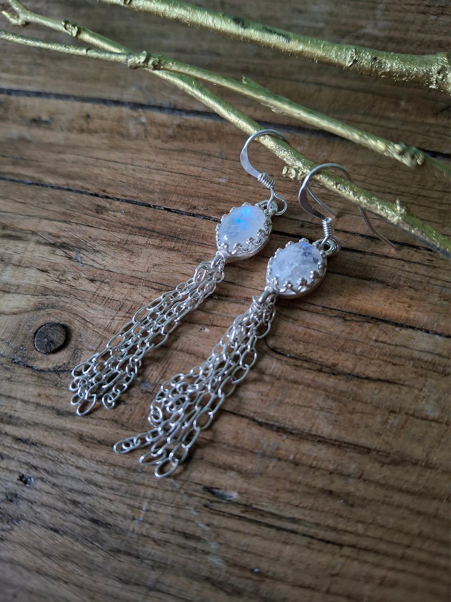 Moonstone Tassel Sterling Silver Dangle Earrings 