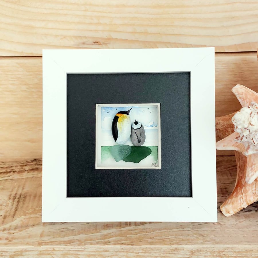 Baby Penguin Miniature Pebble Art - Coastal Watercolour with Sea Glass