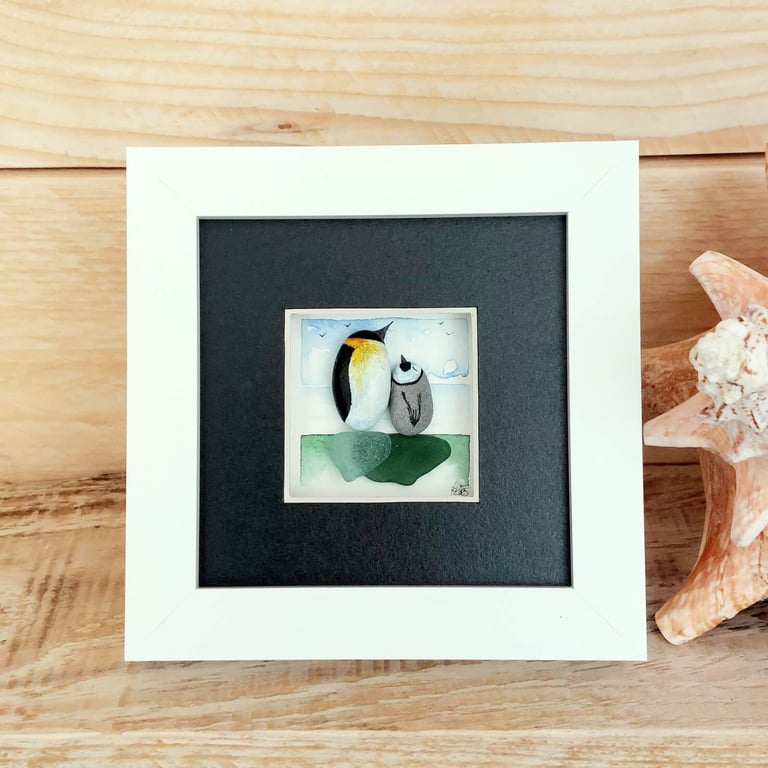 Baby Penguin Miniature Pebble Art - Coastal Watercolour with Sea Glass