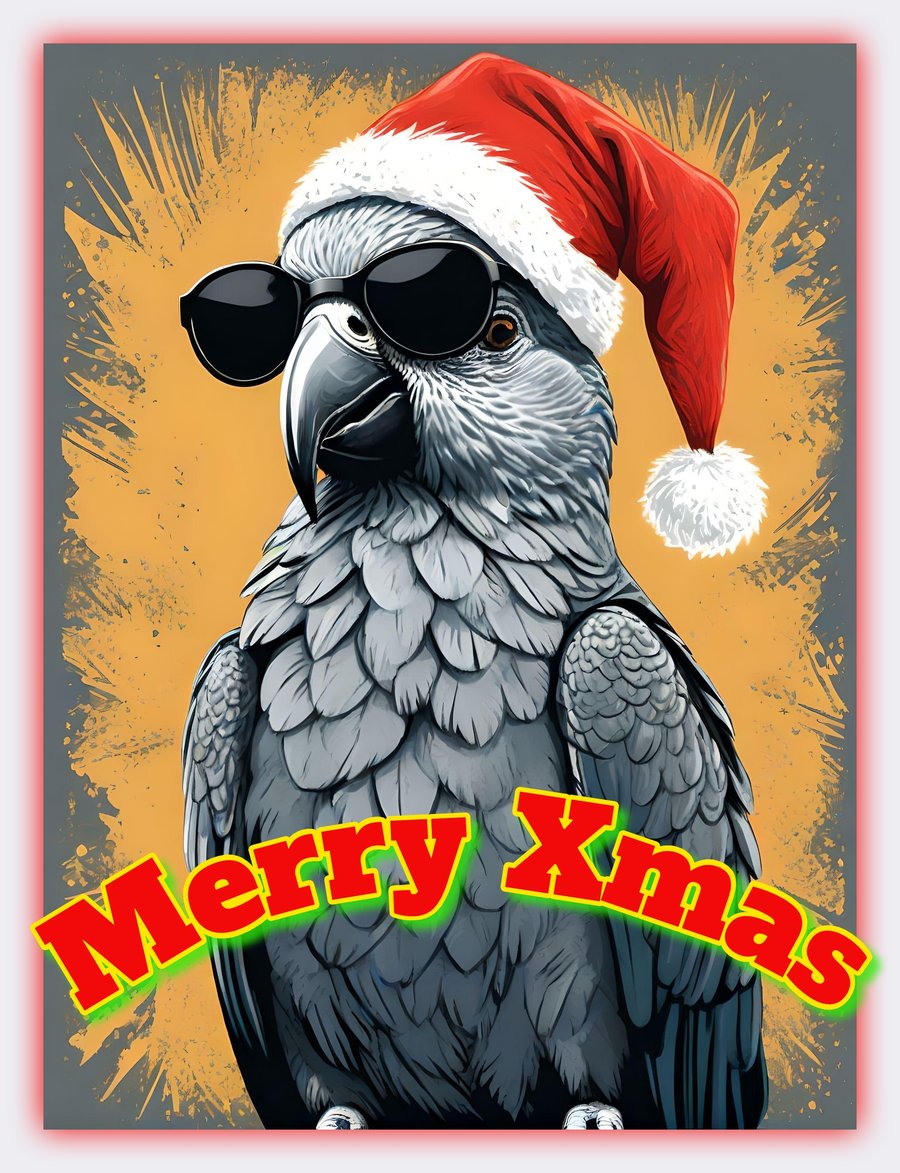 Merry Xmas African Grey Fun Parrot Card A5