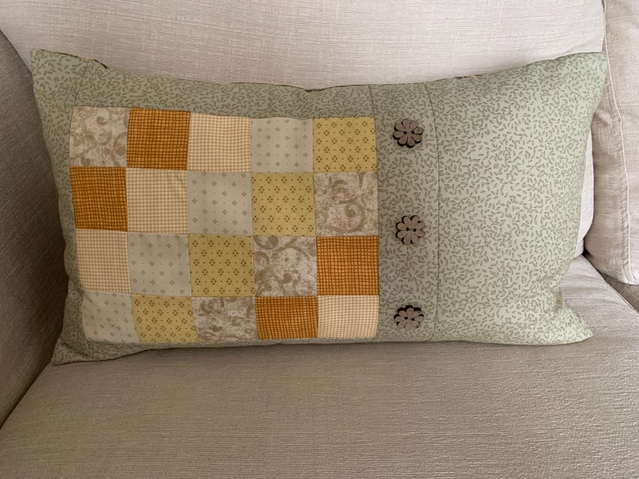 Gold Green Beige Rectangular Patchwork Cushion