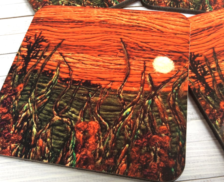 Moonlight landscape coaster with flowers. 