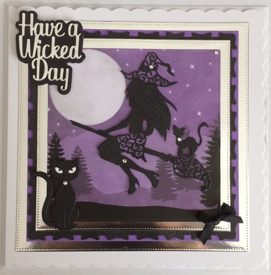 Pagan Halloween Card Have a Wicked Day Sexy Witch Cats 3D Luxury Purple 1