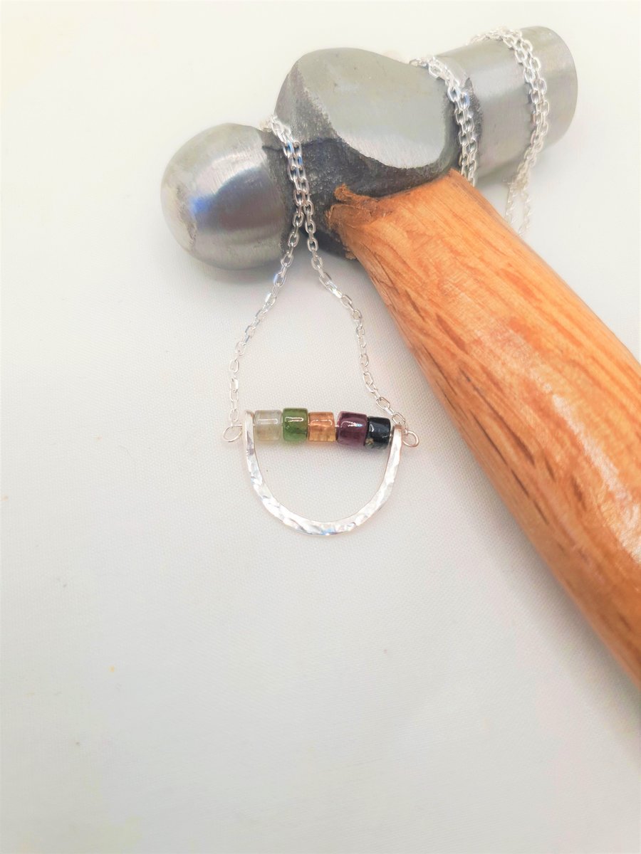 Rainbow Tourmaline and Sterling Silver Necklace, Beaded Tourmaline Pendant