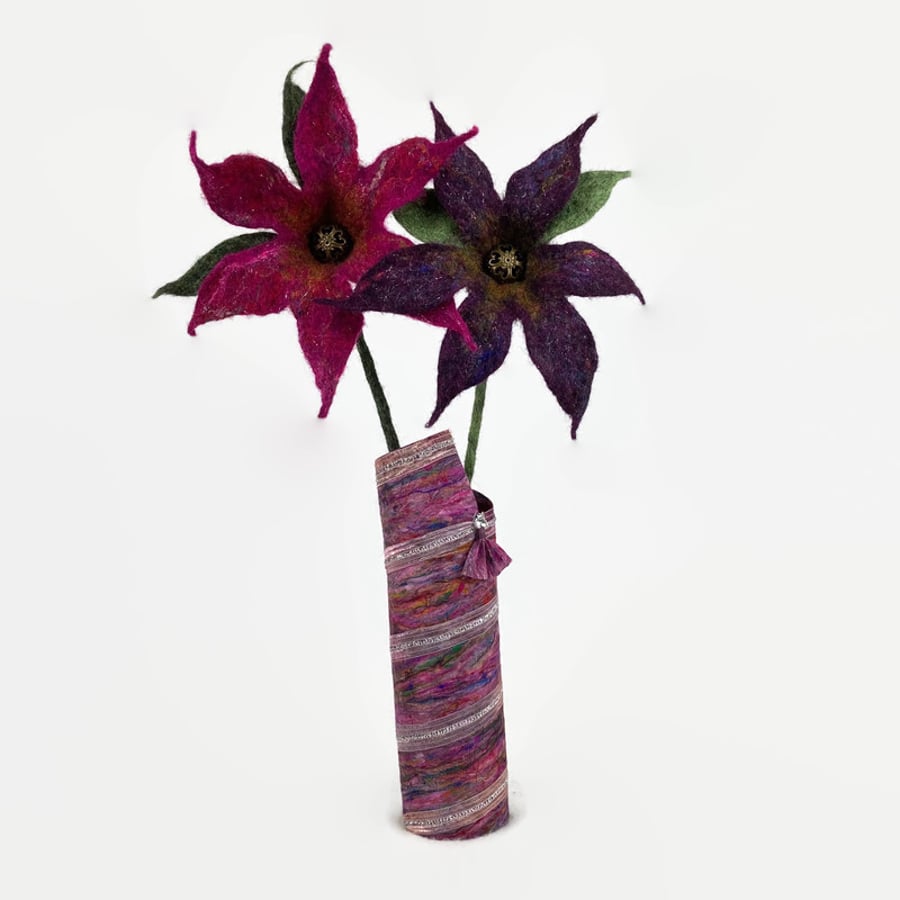 Handmade silk paper pink spiral vase