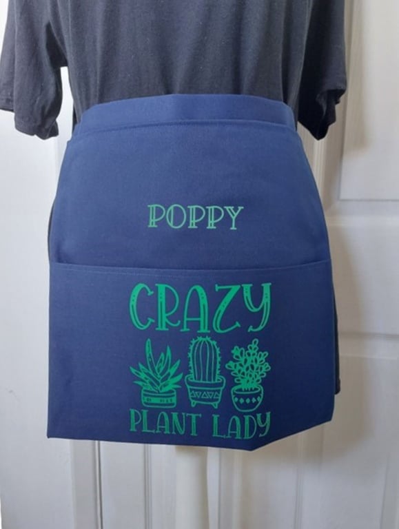 Personalised Gardening Apron handmade Crazy Plant Lady fabric apron 2 pockets gr