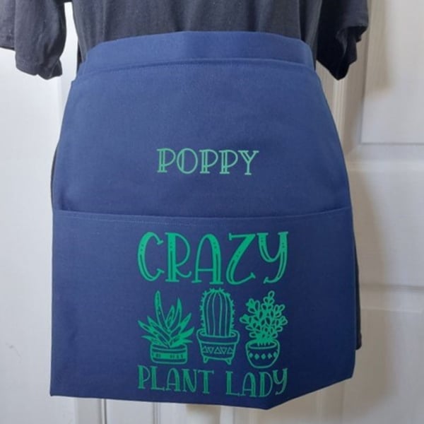 Personalised Gardening Apron handmade Crazy Plant Lady fabric apron 2 pockets gr
