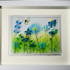Blue bee meadow fused glass picture