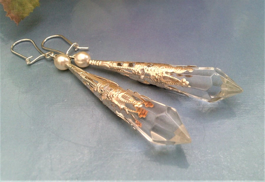 Long Clear Glass Pendulum Statement Earrings, Vintage Style Jewellery