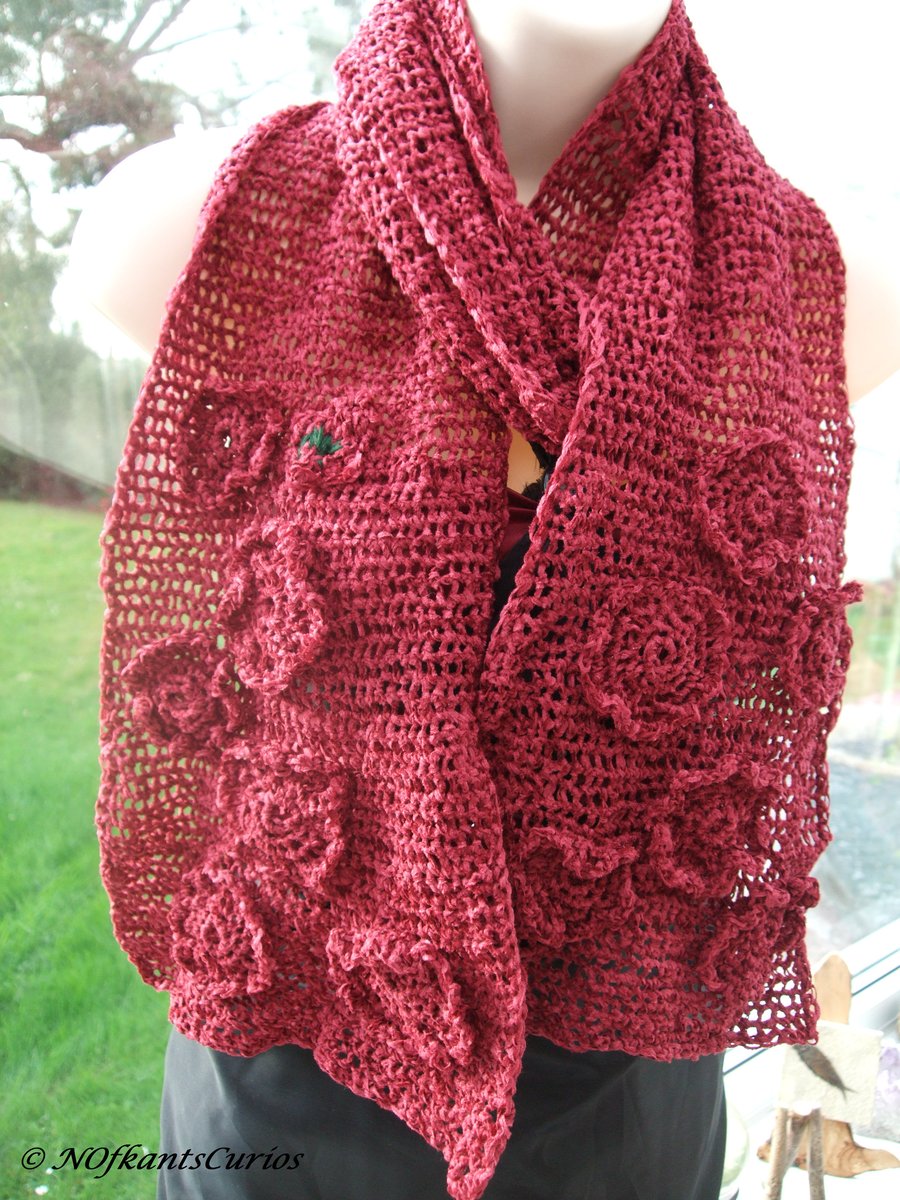 Burgundy Floral Chenille Crocheted Scarf!