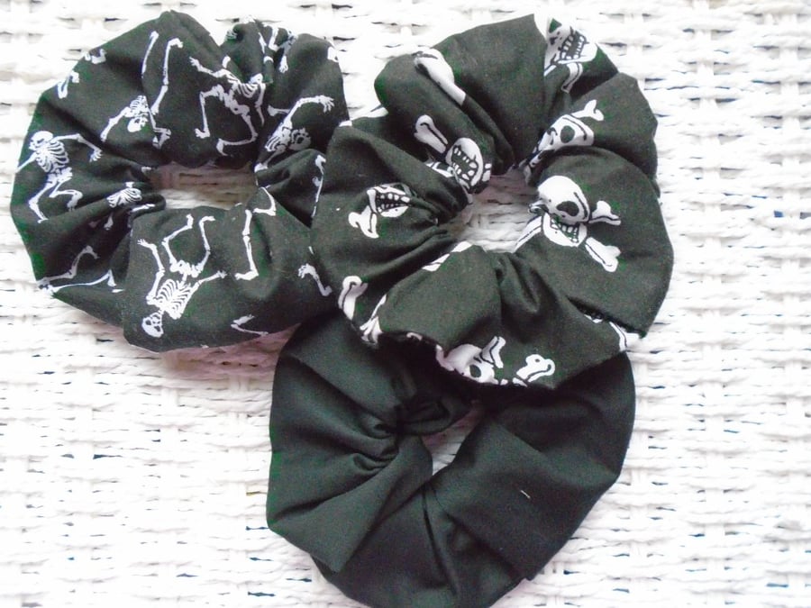 Pack of 3 Handmade Hair Scrunchies Black Skeleton & Skull Themed.