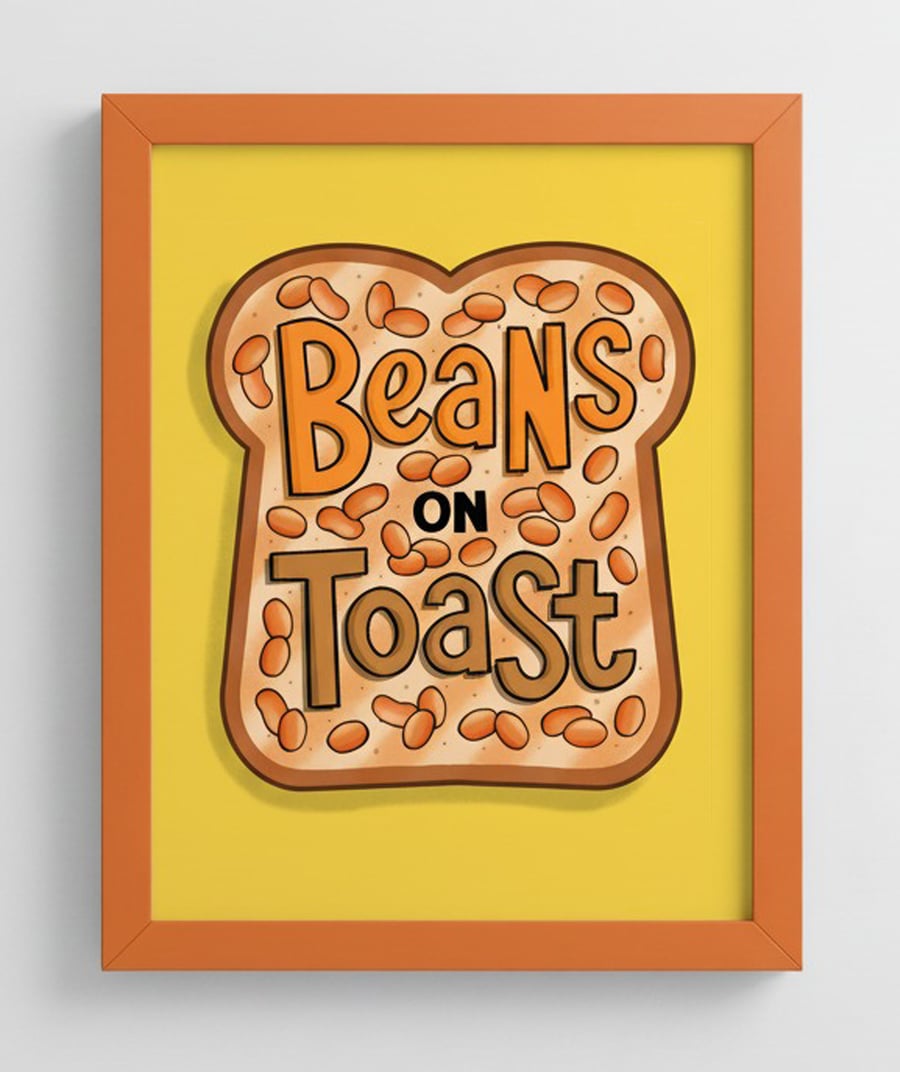 Baked Beans on Toast Print: Retro Kitchen Food Art, Colourful Breakfast Poster