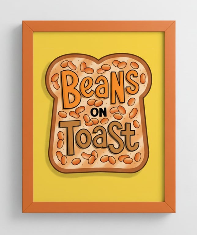 Baked Beans on Toast Print: Retro Kitchen Food Art, Colourful Breakfast Poster