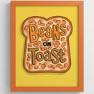 Baked Beans on Toast Print: Retro Kitchen Food Art, Colourful Breakfast Poster