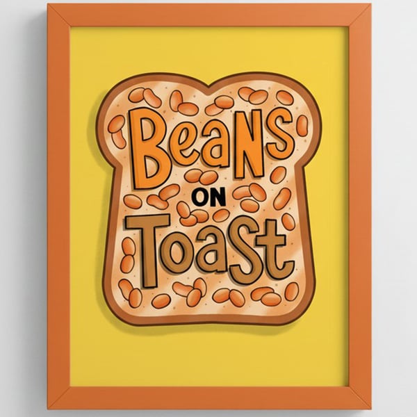Baked Beans on Toast Print: Retro Kitchen Food Art, Colourful Breakfast Poster