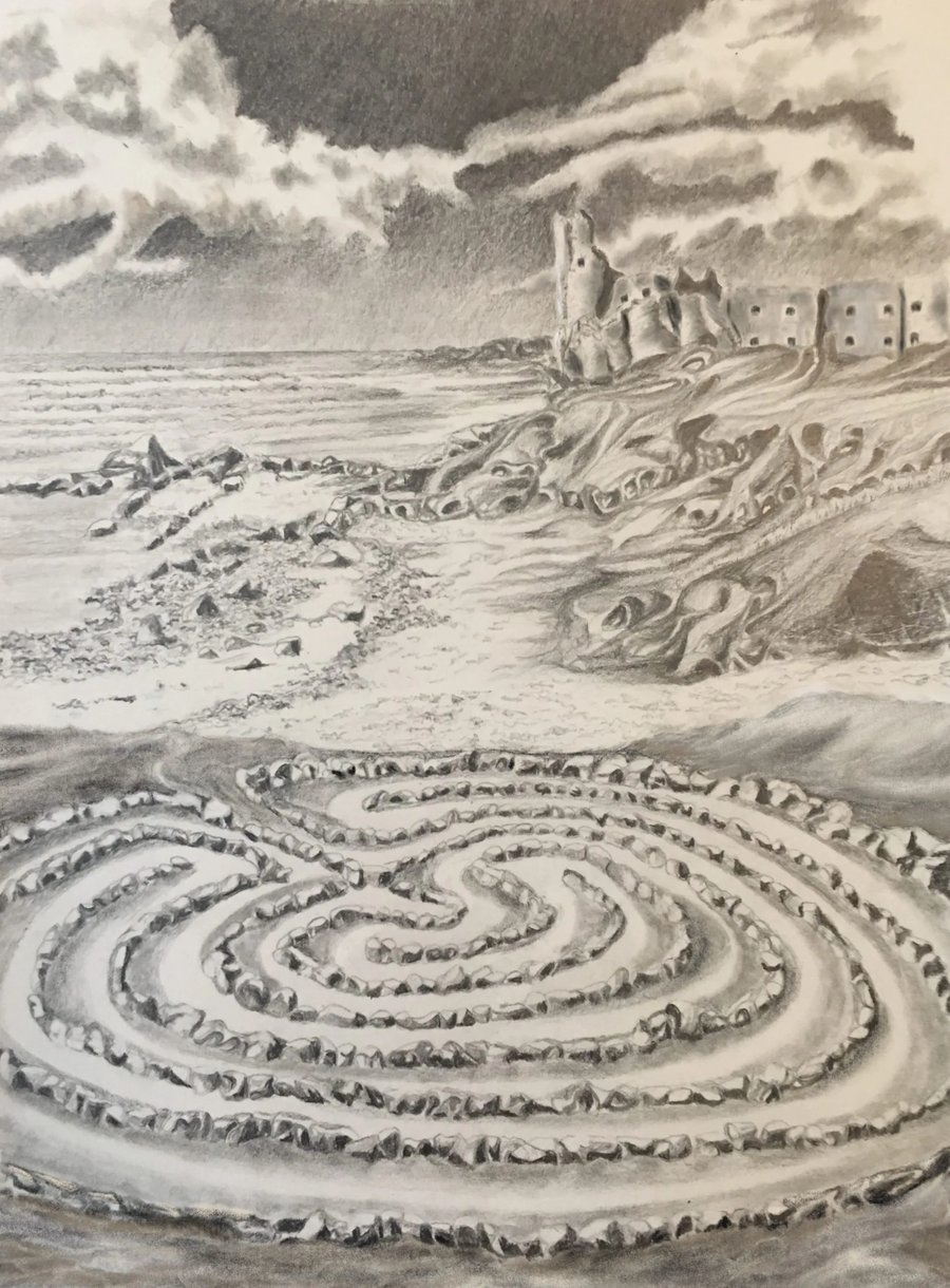 Original Pencil Drawing - Castle with Labyrinth