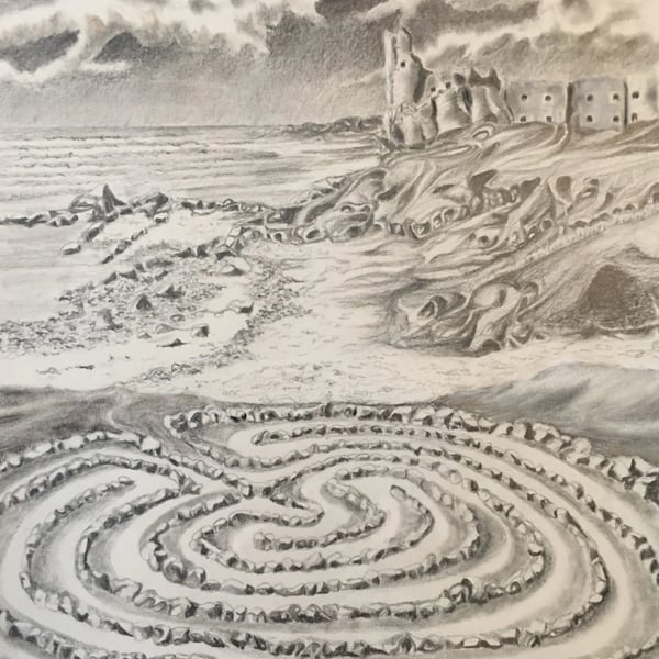 Original Pencil Drawing - Castle with Labyrinth