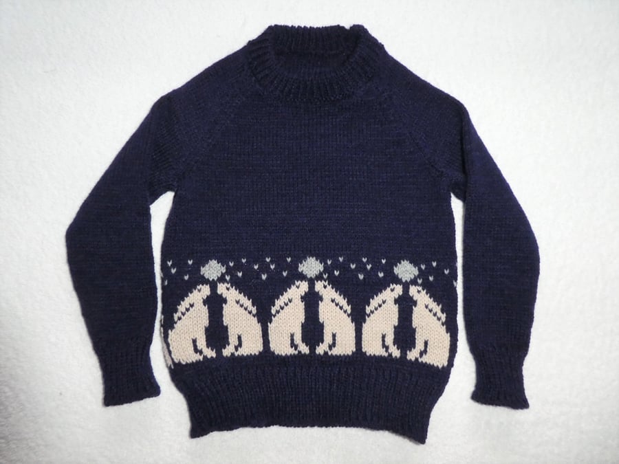 Baby Moon Gazing Hare Jumper. Raglan Jumper in 4ply Yarn. Size 1 - 2 years