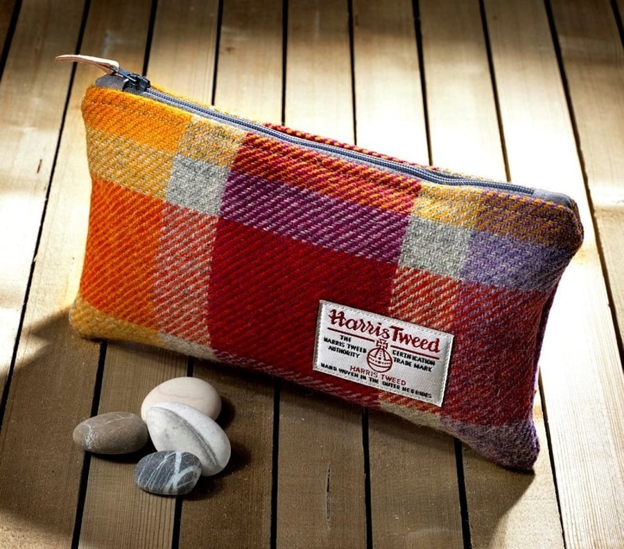 Harris Tweed clutch purse, pencil case in multicoloured check