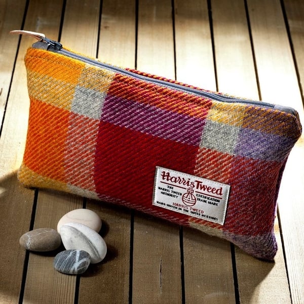 Harris Tweed clutch purse, pencil case in multicoloured check