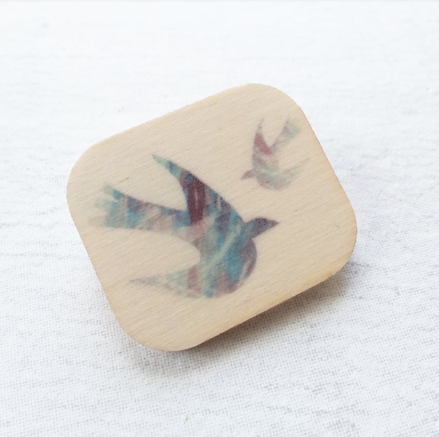 Wooden Bird Brooch, Blue Bird Brooch, Bird Badge, Bird Pin