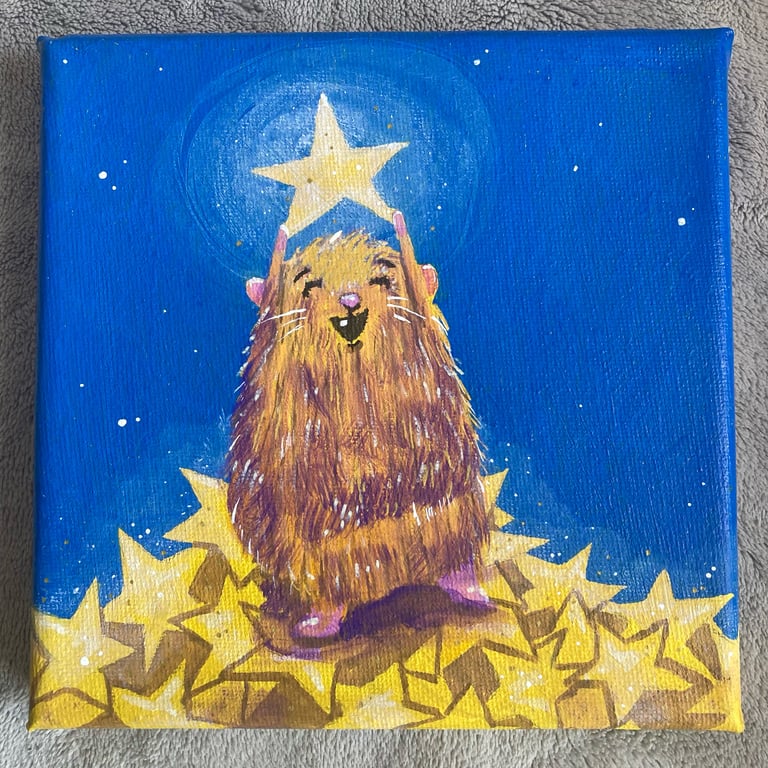 Hamster Catching Stars Illustration - Acrylic Canvas Original Art On Canvas