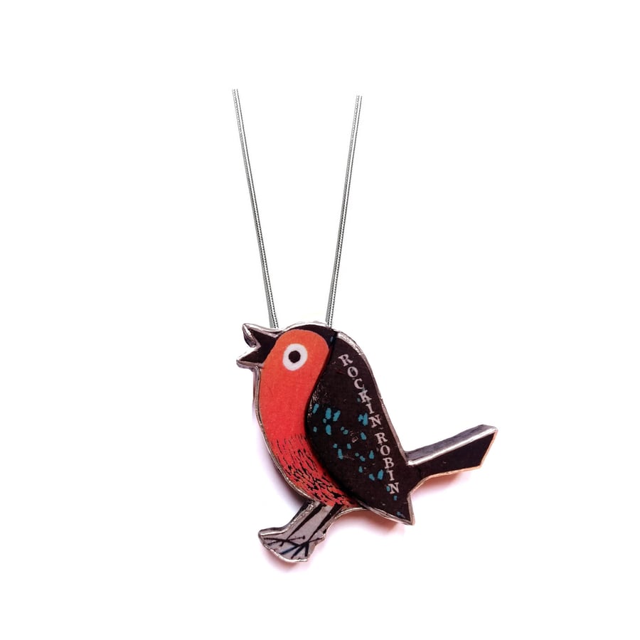 Large Rockin' Robin Bird Christmas Resin Necklace by EllyMental