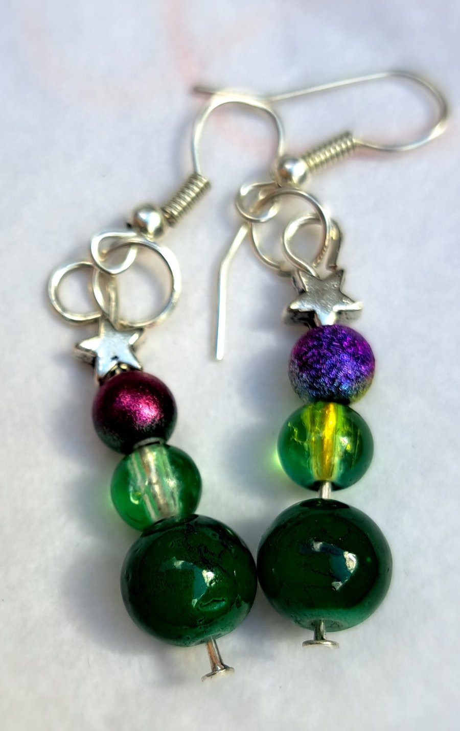 Beaded earrings, green, rainbow, blue, orange, stars and red