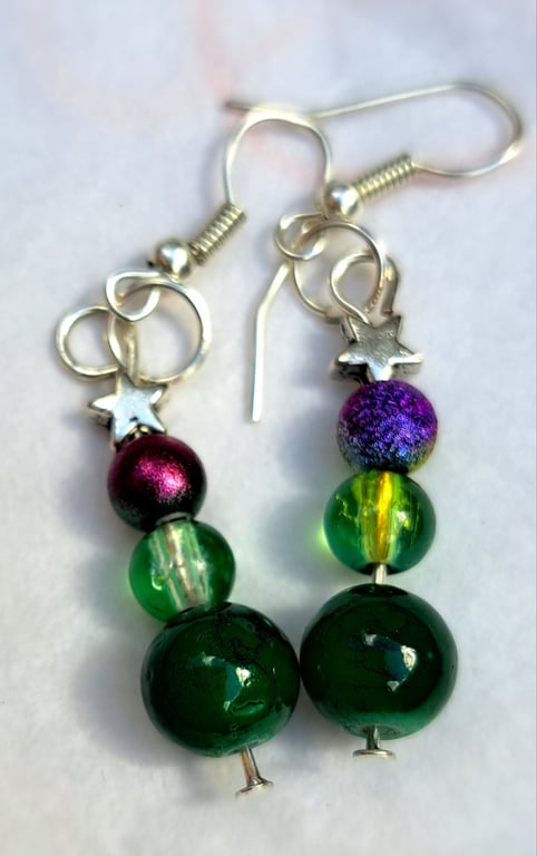 Beaded earrings, green, rainbow, blue, orange, stars and red