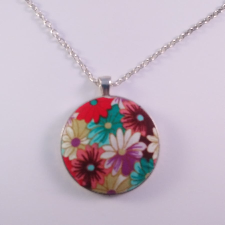 38mm Multicoloured Flowers Fabric Covered Button Pendant