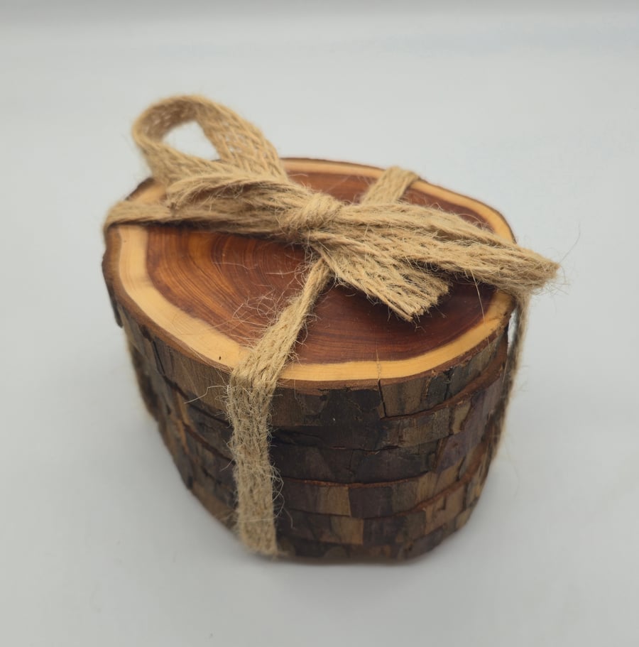 Rustic Yew Wood Coasters - Set of Six (Live Edge)