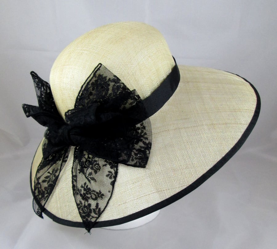 Ladies Hat - Natural and Black Wedding Hat, Races Hat