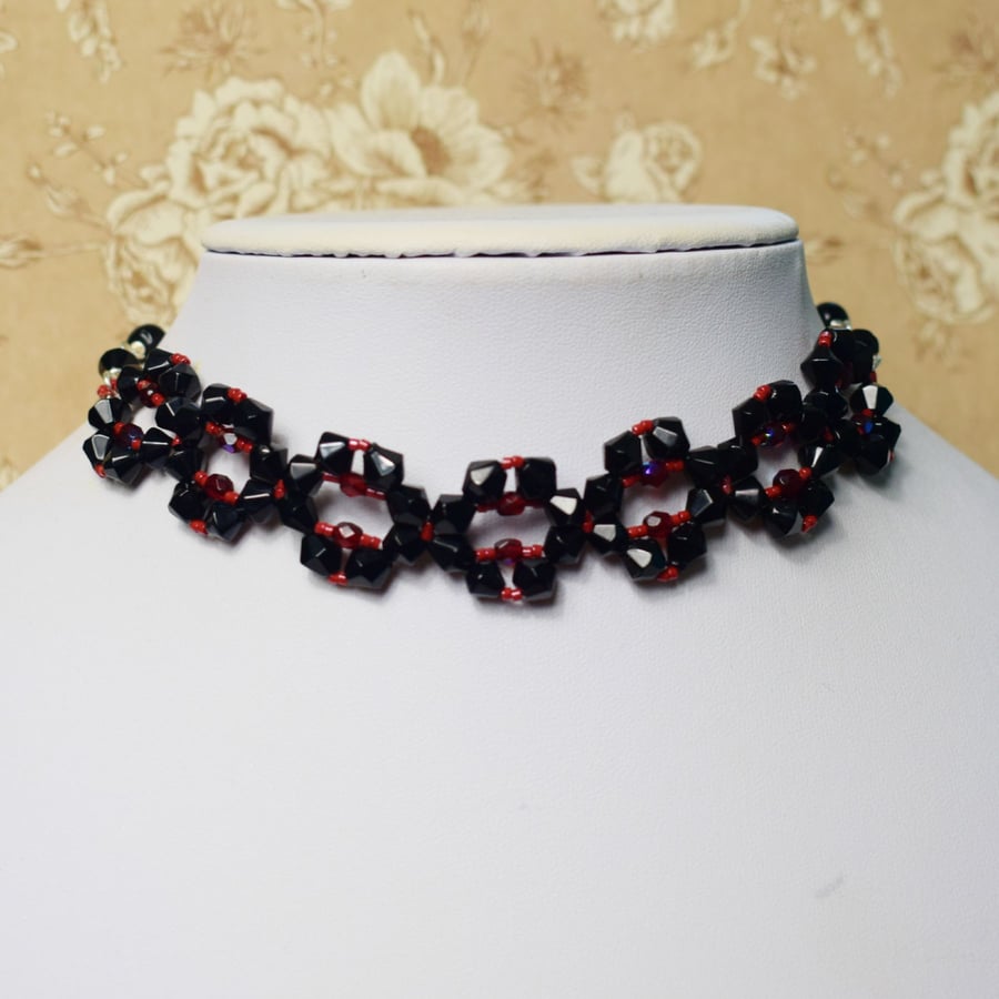 Red and Black Beaded Adjustable Choker Necklace