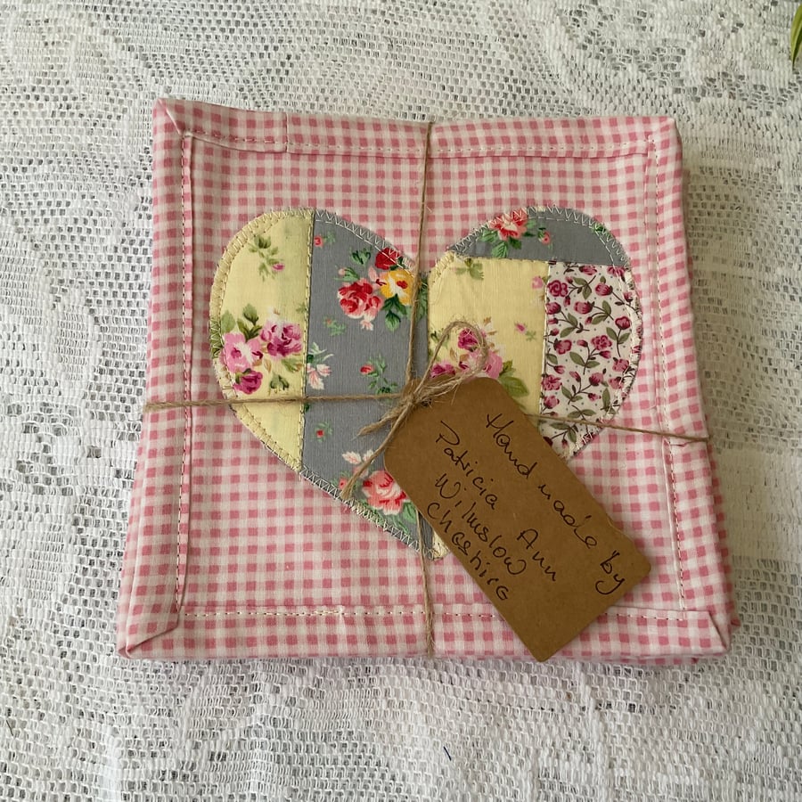 Set of 6 Rose and Hubble Appliqué Heart Coasters.