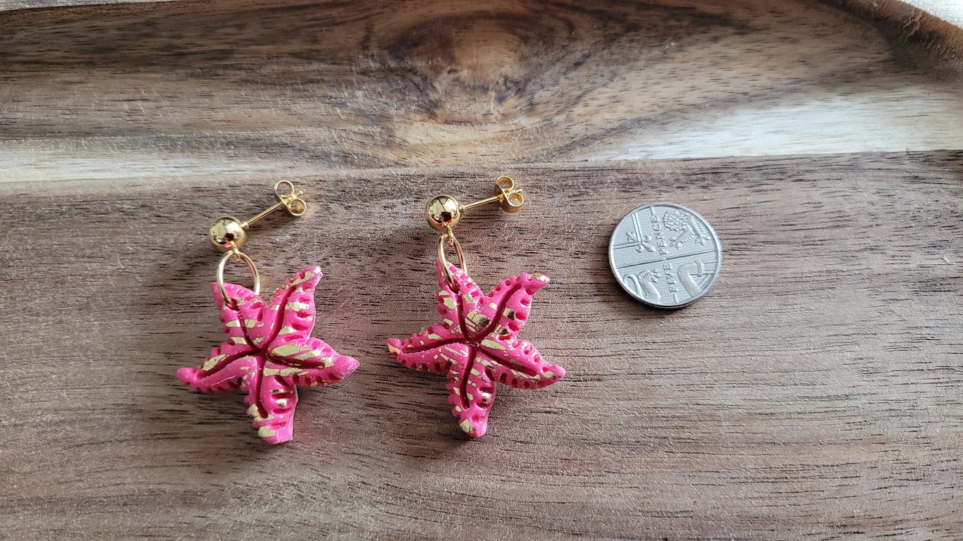 Polymer Clay Pink and Gold Starfish. 316 Surgical Stainless Steel