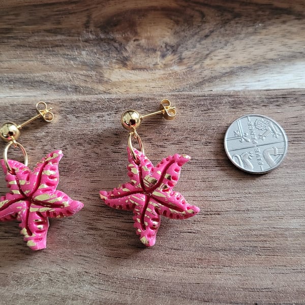 Polymer Clay Pink and Gold Starfish. 316 Surgical Stainless Steel