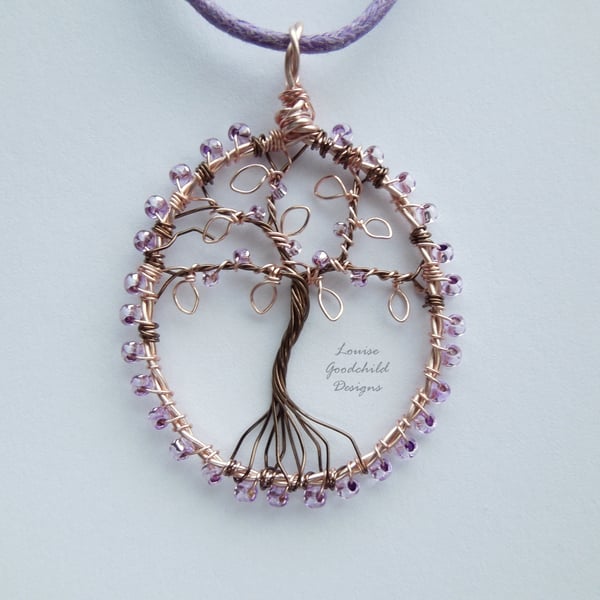 Rose Gold and lilac tree of life pendant necklace, unique wearable wire art