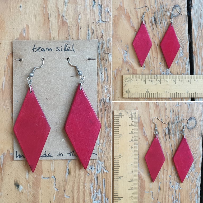 Red Diamond Tangram Wooden Shape Earrings