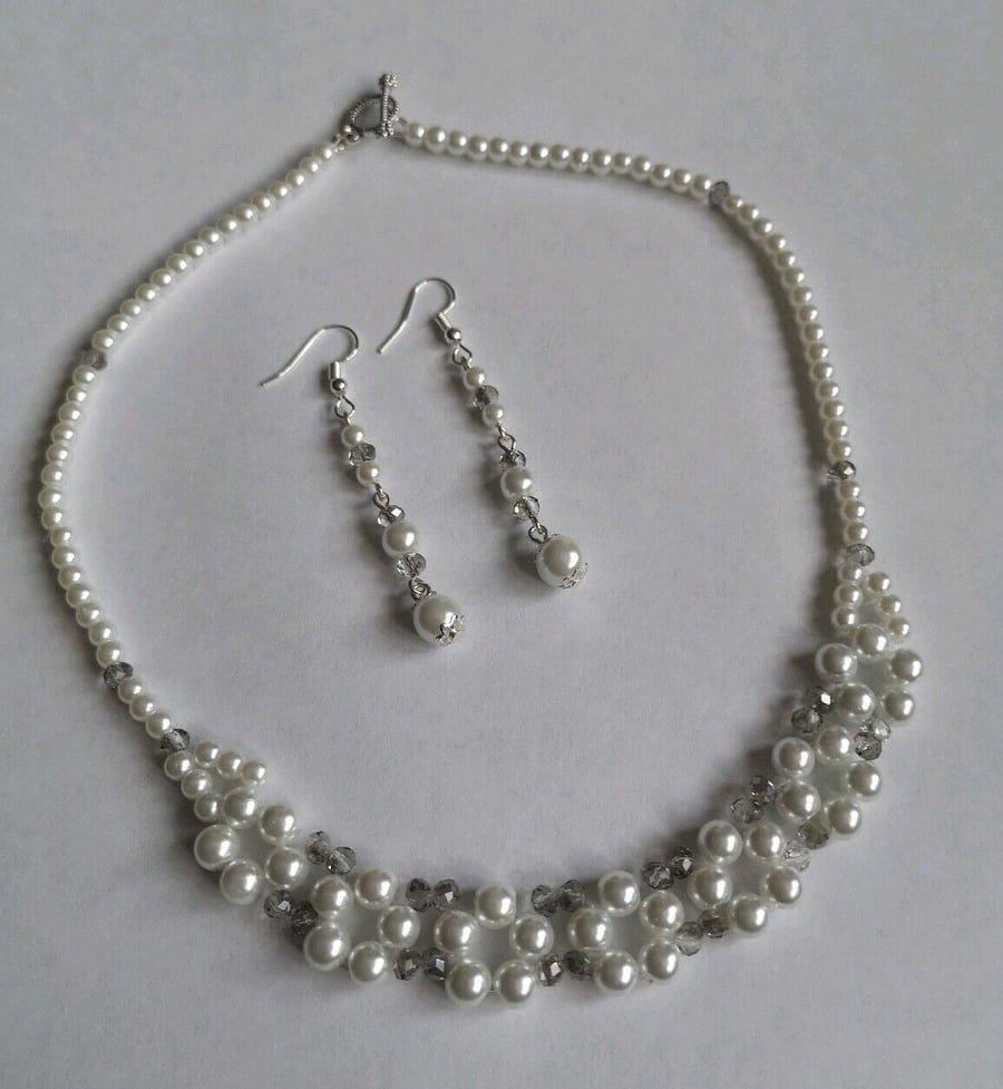 white glass pearl glass beaded necklace set ear... - Folksy