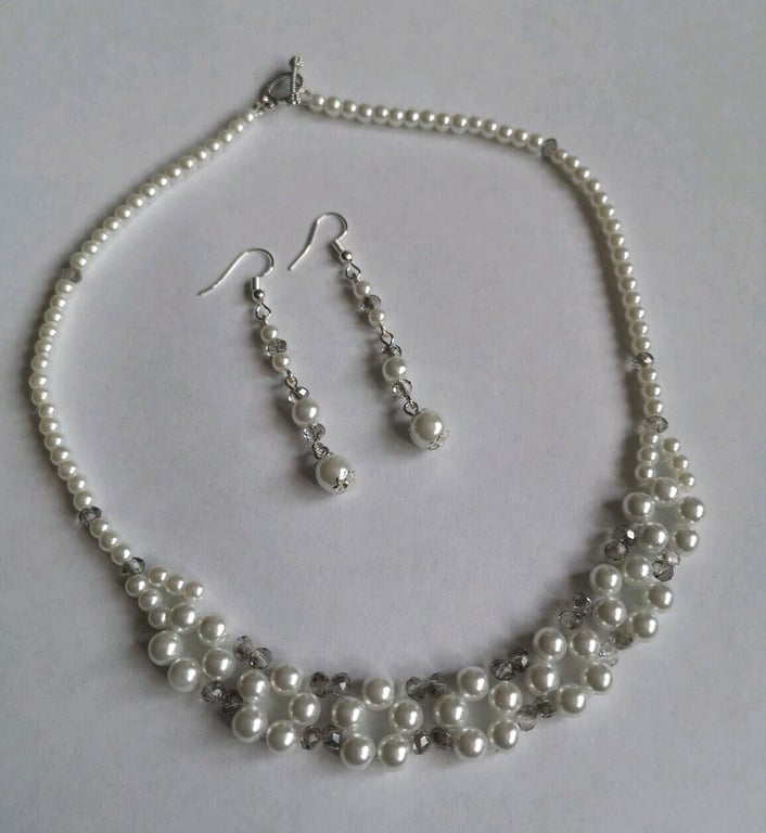 white glass pearl glass beaded necklace set earrings womens party sparkle