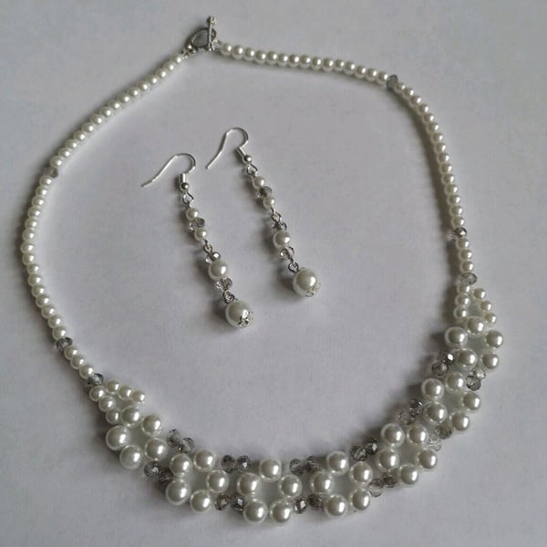 white glass pearl glass beaded necklace set earrings womens party sparkle