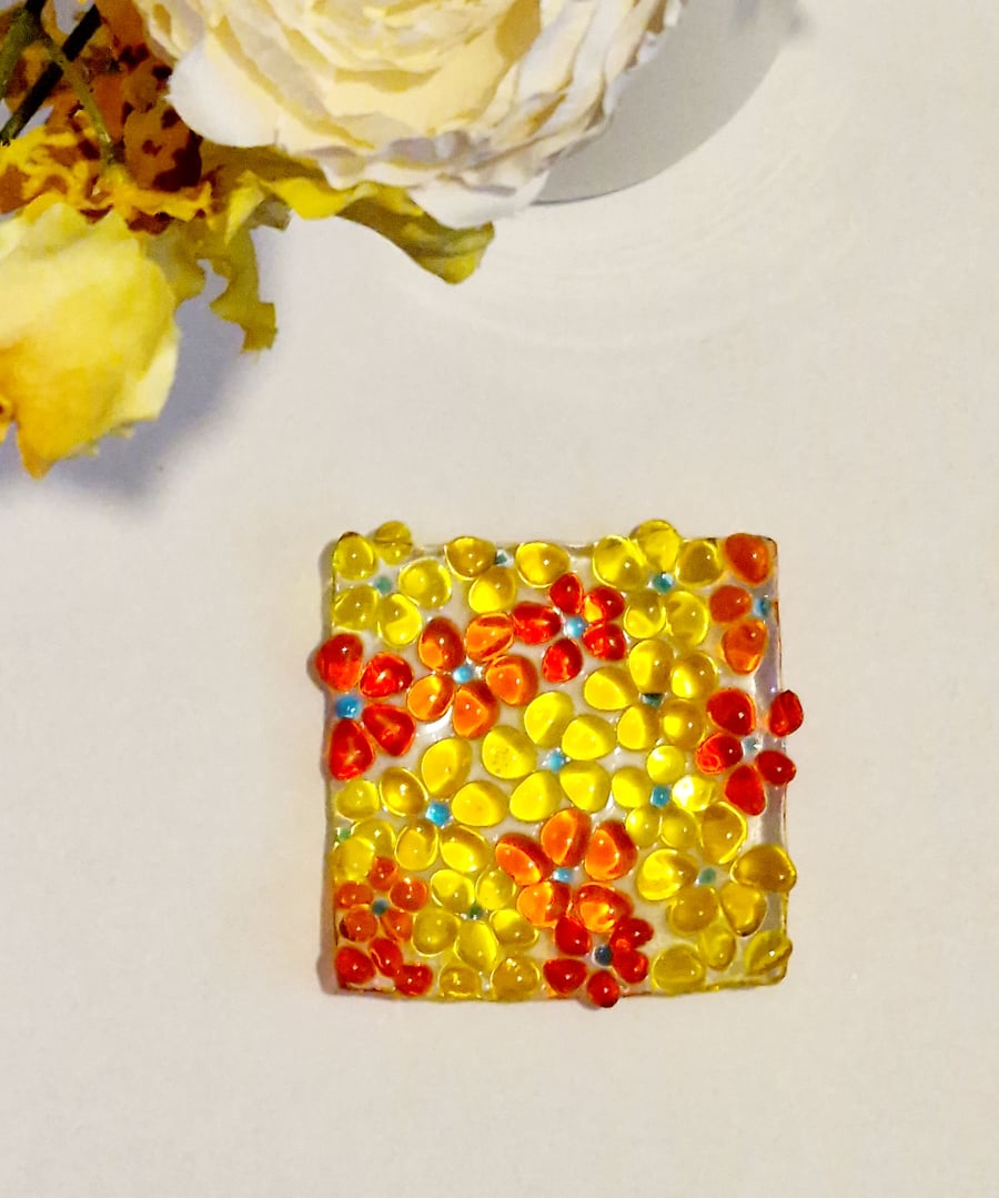 Fused glass yellow and orange ditsy square trinket dish