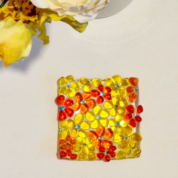 Fused glass yellow and orange ditsy square trinket dish