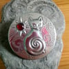 Silver Pewter Cat Brooch with Garnet, Sphynx Cat