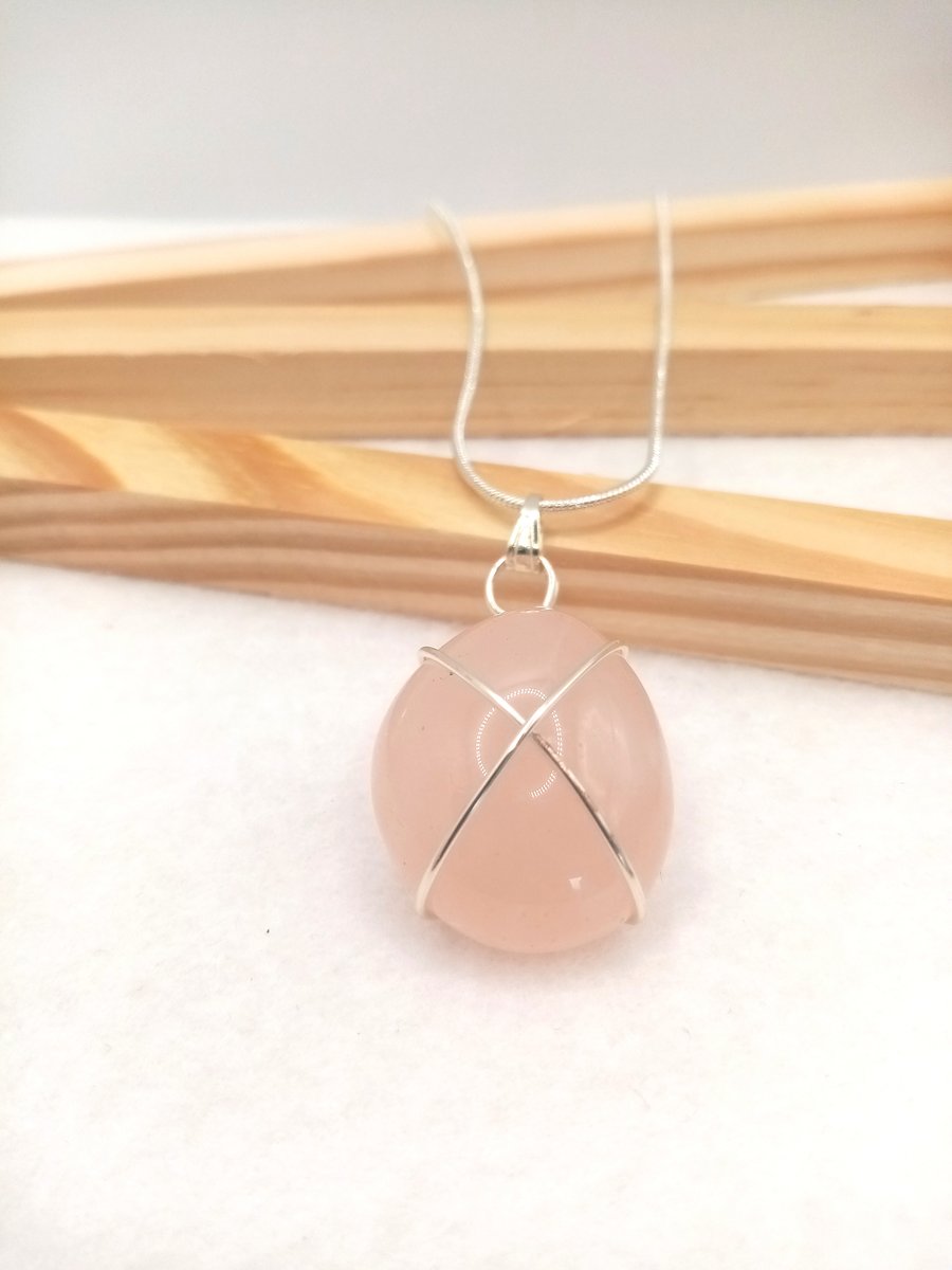 Natural Rose Quartz Necklace, Wire Wrapped Rose Quartz, Rose-Pink Necklace 