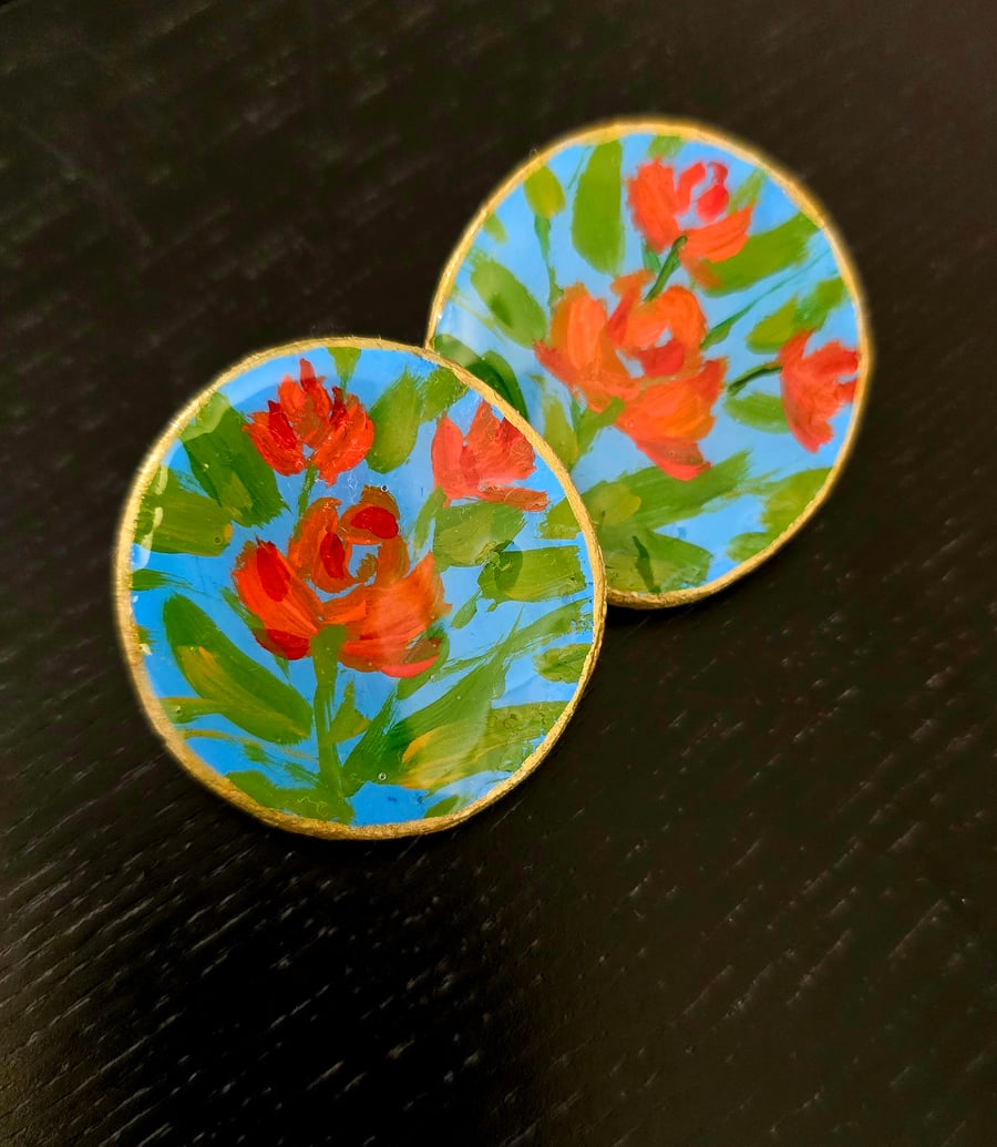 Hand-Painted Earrings – Orange Flowers on Blue