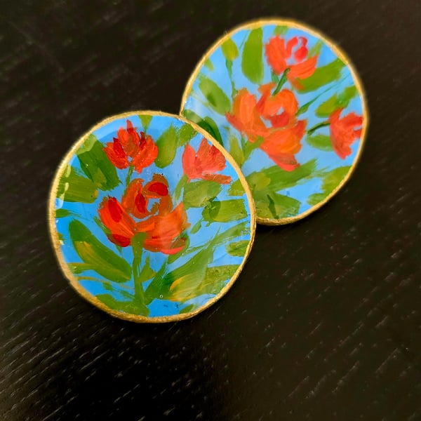 Hand-Painted Earrings – Orange Flowers on Blue