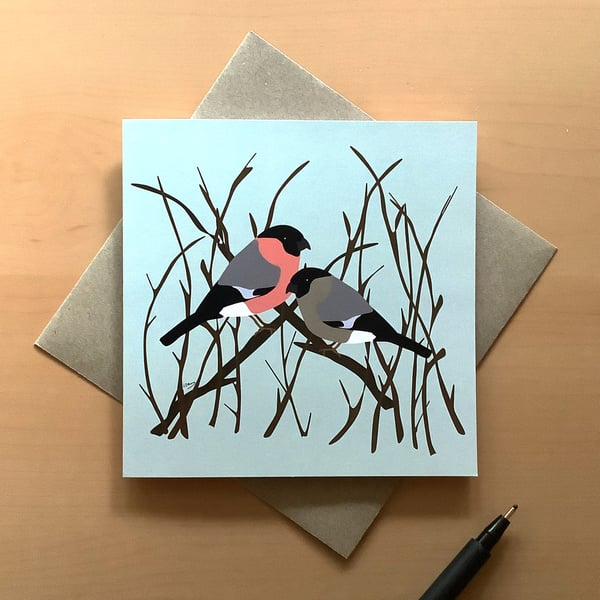 Greetings card - bullfinches - bird card