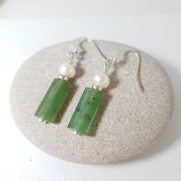 Nephrite Jade & Cultured Pearl Drop Earrings Sterling Silver