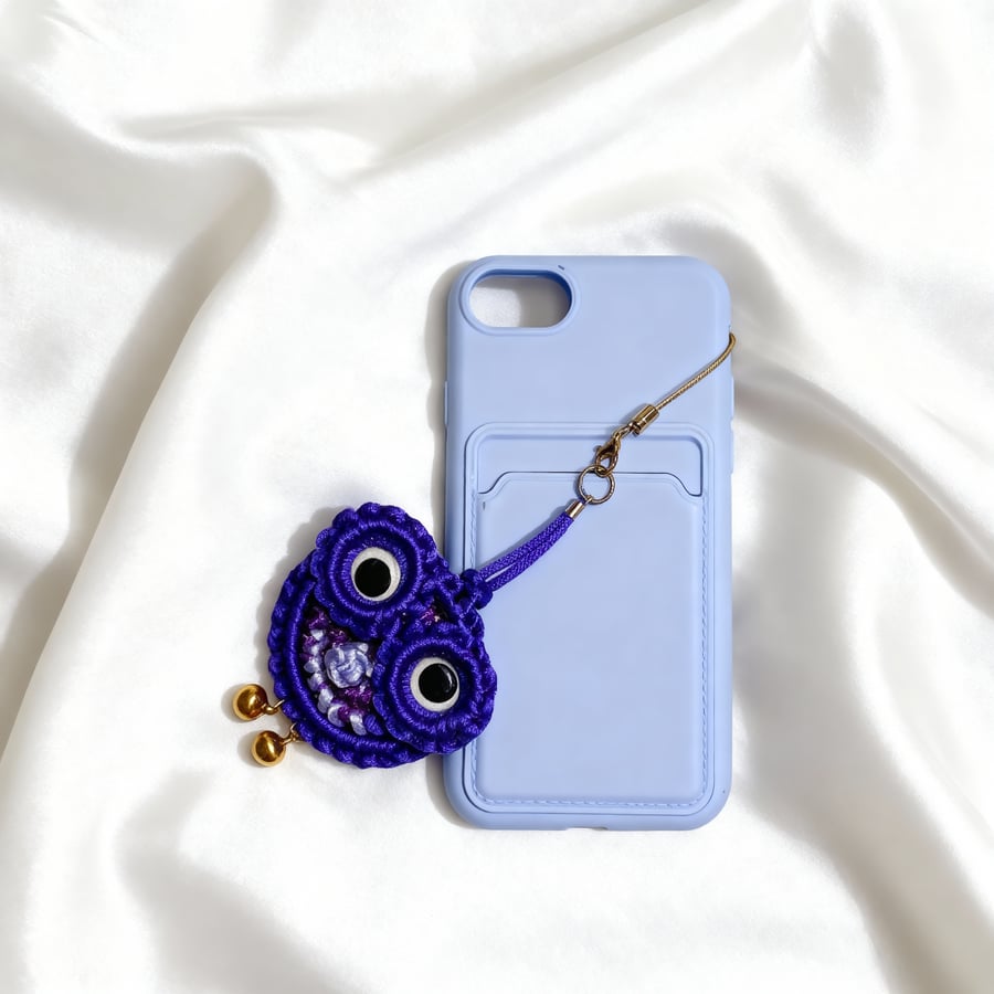 Handmade Purple Owl Charm – Macramé Phone or Bag Accessory with Bells